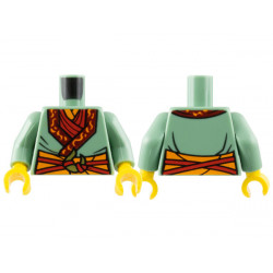 Torso Robe with Dark Red Trim over Red Scarf, Orange Sash, Straps Tied with Gold Crescent Moon Pattern / Sand Green Arms / Yellow Hands: {пясъчно зелен}