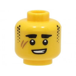 Minifigure, Head Black Thick Eyebrows and Stubble Sideburns, Medium Nougat Scar, Lopsided Open Mouth Smile with Teeth Pattern (BAM): {ярко жълт}