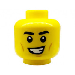 Minifigure, Head Black Eyebrows, Medium Nougat Chin Dimple and Cheek Lines, Lopsided Open Mouth Smile with Teeth Pattern - Hollow Stud : {ярко жълт}