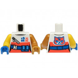 Torso Female Top with Coral Panel and Cat Face, Blue Belt, Ninjago Logogram 'SORA' Pattern (BAM) / Pearl Gold Arm Left / Yellow Arm Right / Pearl Gold Hand Left / Blue Hand Right: {бял}