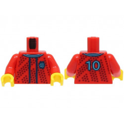 Torso Soccer Uniform, Medium Azure and Dark Blue Collar, Dark Red Dotted Stripes, Soccer Ball on Brick Logo, Number 10 on Back Pattern (BAM) / Red Arms / Yellow Hands: {ярко червен}