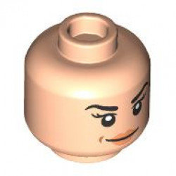 Minifigure, Head Dual Sided Female Black Eyebrows and Eyelashes, Nougat Lips, Grin with Dimple / Scowl with Scars and Bandage Pattern - Vented Stud: {светло нуга}