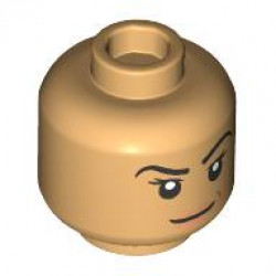 Minifigure, Head Dual Sided Female Black Eyebrows and Eyelashes, Nougat Lips, Grin with Dimple / Angry with Bared Teeth Pattern - Vented Stud: {умерен тан}
