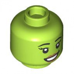 Minifigure, Head Dual Sided Female Black Eyebrows and Eyelashes, Dark Green Dimple, Medium Nougat Lips, Lopsided Grin / Open Mouth Smile with Teeth Pattern - Vented Stud: {ярко жълто-зелен}