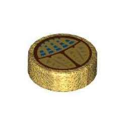 Tile, Round 1 x 1 with Reddish Brown and Gold Scarab of Ammit with Blue Spots and Dark Tan Symbols Pattern: {топло златист}