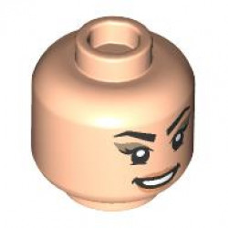 Minifigure, Head Dual Sided Female Black Angled Eyebrows and Eyelashes, Dark Tan Eye Shadow, Nougat Lips, Open Mouth Smile with Teeth / Winking, Red Tongue Pattern - Vented Stud: {светло нуга}