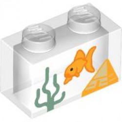 Brick 1 x 2 without Bottom Tube with Fish Tank with Goldfish, Sand Green Seaweed and Yellow Pyramid Pattern: {прозрачен}