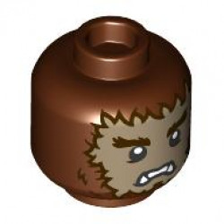 Minifigure, Head Dual Sided Alien Dark Brown Bushy Eyebrows and Fur, Dark Tan Face, Lower Fangs, Scowl / Open Mouth Smile with Top Teeth and Red Tongue Pattern - Vented Stud: {червеникаво-кафяв}