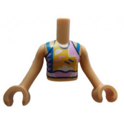 Torso Mini Doll Girl Bright Light Orange Top with Blue, Bright Pink and White Symbols and Blue Straps Pattern, Medium Tan Arms with Hands : {умерен тан}
