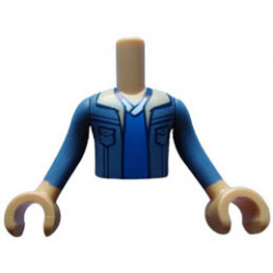 Torso Mini Doll Boy Sand Blue Jacket with Tan Lapels over Blue and White Shirt Pattern, Medium Tan Arms with Hands with Sand Blue Long Sleeves : {умерен тан}
