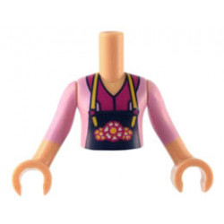 Torso Mini Doll Girl Bright Pink Top over Magenta Shirt, Dark Blue Apron with Flowers Pattern, Medium Tan Arms with Hands with Bright Pink Sleeves : {умерен тан}