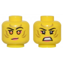 Minifigure, Head Dual Sided Female Gold Stripes Face Paint, Coral Lips and Eye Shadow, Orange Eyes, Lopsided Grin / Bared Teeth Pattern - Vented Stud: {ярко жълт}
