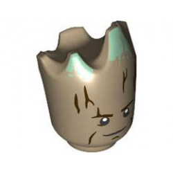 Minifigure, Head, Modified Groot with Dark Brown Tree Bark, Sand Green Moss, Small Black Eyes with White Pupils, Slight Smirk Pattern : {пясъчно жълт}