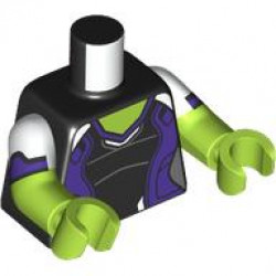 Torso Female Super Hero Costume with Dark Purple Side Panels and White Shoulders, Lime Neck Pattern / Lime Arms with Molded White Short Sleeves and Printed Black and Dark Purple Hems Pattern / Lime Hands: {черен}