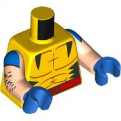 Torso Super Hero Costume with Reddish Brown Muscles Outline, Black Jagged Panels, Red Belt with X-Men Logo Buckle Pattern / Light Nougat Arms with Blue Shoulders and Black Hair Pattern / Blue Hands: {ярко жълт}