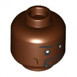 Minifigure, Head Dual Sided Black Eyebrows and Goatee, Dark Brown Cheek Lines and Chin Dimple, Grin / Open Mouth Scowl with Teeth Pattern - Vented Stud: {червеникаво-кафяв}