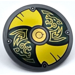 Minifigure, Shield Circular / Round Convex Face with Yellow and Dark Green Alternating Panels with Gold Center Circle and Odin's Wolves Pattern: {тъмно каменно сив}
