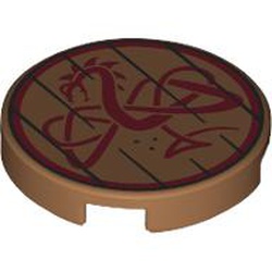 Tile, Round 2 x 2 with Bottom Stud Holder with Dark Brown Border and Bars and Dark Red Dragon Pattern: {умерен нуга}