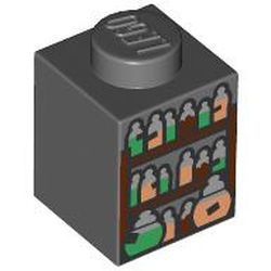 Brick 1 x 1 with Shelves and Potion Bottles with Black Labels, Silver Tops, and Green, Nougat, and Reddish Brown Contents Pattern: {тъмно каменно сив}
