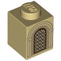 Brick 1 x 1 with Silver Arched Window with Dark Brown Lattice and Dark Tan Arches Pattern: {тухлено жълт}