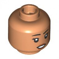 Minifigure, Head Female Black Eyebrows, Eyelashes, Dark Orange Lips, Tan Hearing Aid on Left, Open Mouth Smile with Teeth Pattern: {нуга}