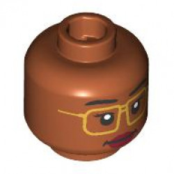 Minifigure, Head Dual Sided Female Black Eyebrows, Gold Glasses, Dark Red Lips, Closed Mouth / Wink, Open Mouth Grin with Teeth Pattern: {тъмно оранжев}