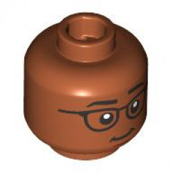 Minifigure, Head Dual Sided Black Eyebrows and Glasses, Reddish Brown Chin Dimple, Closed Mouth Smile / Open Mouth Grin with Teeth and Red Tongue Pattern: {тъмно оранжев}