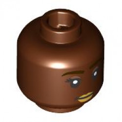Minifigure, Head Dual Sided Female Dark Brown Eyebrows, Black Eyelashes, Copper Eye Shadow, Gold Lips, Closed Mouth Smile / Open Mouth Grin with Teeth Pattern: {червеникаво-кафяв}