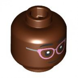 Minifigure, Head Dual Sided Female Black Eyebrows and Eyelashes, Metallic Pink and Silver Glasses, Closed Mouth Smile / Open Mouth Grin with Teeth, No Glasses Pattern: {червеникаво-кафяв}