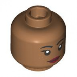 Minifigure, Head Dual Sided Female Black Eyebrows and Eyelashes, Medium Nougat Freckles, Dark Red Lips, Neutral / Open Mouth Grin with Teeth Pattern: {умерен нуга}