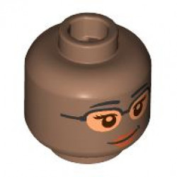 Minifigure, Head Dual Sided Female Black Eyebrows, Dark Brown Eyes and Eyelashes, Nougat Glasses, Dark Orange Lips, Lopsided Grin / Black Eyelashes, Open Mouth Smile with Teeth, No Glasses Pattern: {умерено кафяв}