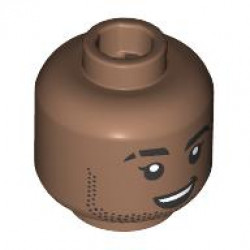 Minifigure, Head Dual Sided Black Eyebrows and Stubble, Scar on Right Eyebrow, Closed Mouth Smile / Open Mouth Grin with Teeth Pattern: {умерено кафяв}