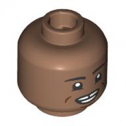 Minifigure, Head Dual Sided Black Eyebrows and Lower Eyelids, Reddish Brown Cheek Lines and Chin Dimple, Gap in Teeth / Smirk, Raised Left Eyebrow Pattern: {умерено кафяв}