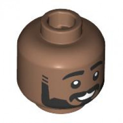 Minifigure, Head Dual Sided Black Eyebrows, Beard and Moustache, Open Mouth Smile with Teeth Pattern / Raised Left Eyebrow Pattern: {умерено кафяв}