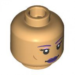 Minifigure, Head Dual Sided Female Dark Purple Eyebrows and Lips, Black Eyelashes, Bright Pink Eye Shadow, Closed Mouth Smile / Eyes Closed with Red Tongue and Gap in Teeth Pattern: {умерен тан}