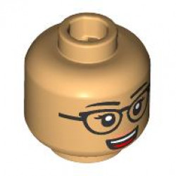 Minifigure, Head Dual Sided Female Black Eyebrows, Eyelashes and Glasses, Open Mouth Grin with Teeth and Red Tongue / Eyes Closed Pattern: {умерен тан}