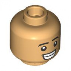Minifigure, Head Dual Sided Black Eyebrows, Open Mouth Grin with Teeth and Braces / Smirk Pattern: {умерен тан}