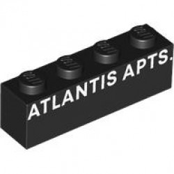 Brick 1 x 4 with White 'ATLANTIS APTS.' Pattern: {черен}