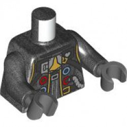 Torso Spacesuit, Dark Silver Belt and Straps, Silver Hoses, Gold Space Shuttle, Buckle and Trim, Red and Medium Blue Circles and Ovals on Back Pattern / Pearl Dark Gray Arms / Dark Bluish Gray Hands: {титаниево метален}
