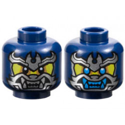 Minifigure, Head Dual Sided Yellow Face, Silver Samurai Mask, Black Eyes / Dark Azure Eyes and Teeth Pattern - Vented Stud: {земно син}