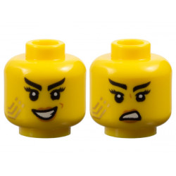 Minifigure, Head Dual Sided Female Black Eyebrows, Long Eyelashes, Medium Nougat Lips, Gold Stripes Tattoo, Evil Open Mouth Smile with Teeth / Scowl Pattern - Vented Stud: {ярко жълт}