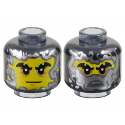 Minifigure, Head Dual Sided Yellow Face, Black Notched Eyebrows, Medium Nougat Eye Shadow, Neutral / Silver Half Mask Pattern - Vented Stud: {прозрачно черен}