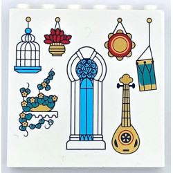 Panel 1 x 6 x 5 with Dark Turquoise and Red Plant, Gold Lute, Medium Azure Bird Cage and Arched Window, Mirror and Drum Pattern: {бял}