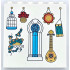 Panel 1 x 6 x 5 with Dark Turquoise and Red Plant, Gold Lute, Medium Azure Bird Cage and Arched Window, Mirror and Drum Pattern: {бял}