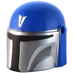 Minifigure, Headgear Helmet with Holes, SW Mandalorian with Silver 'V' and Mask, Dark Bluish Gray Cheek Indents and Black Visor Pattern: {ярко син}