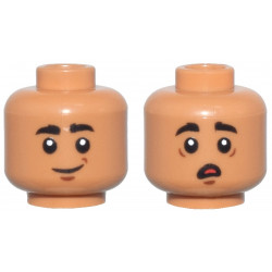 Minifigure, Head Dual Sided Thick Black Eyebrows, Reddish Brown Chin Dimple, Grin / Scared Open Mouth with Red Tongue Pattern: {умерен нуга}