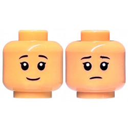 Minifigure, Head Dual Sided Child Female Black Eyebrows, Single Eyelashes, Grin / Sad Frown Pattern: {умерен тан}