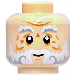 Minifigure, Head White and Light Bluish Gray Bushy Eyebrows and Beard, Medium Nougat Wrinkles, Chin Dimple and Cheek Lines, Grin Pattern: {светло нуга}