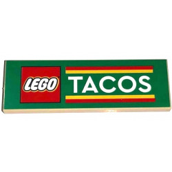 Tile 2 x 6 with LEGO Logo, White 'TACOS', and Red and Yellow Stripes Pattern: {тухлено жълт}