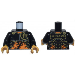 Torso Armor Plates over Orange Tunic, Gold Trim and Ninjago Logogram Letter C, 'COLE' on Back Pattern / Black Arms / Pearl Gold Hands: {черен}